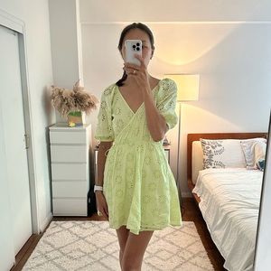 Zara light green, puff sleeve, eyelet, mini wrap dress.